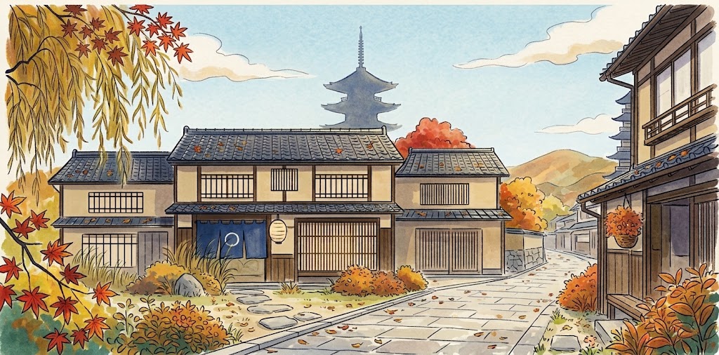 An autumn lane in Kyoto — wooden townhouses, maples and a pagoda